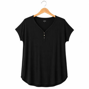 Quince Top Henley Womens Size Small Black Curved Hem Minimalist Casual Classic